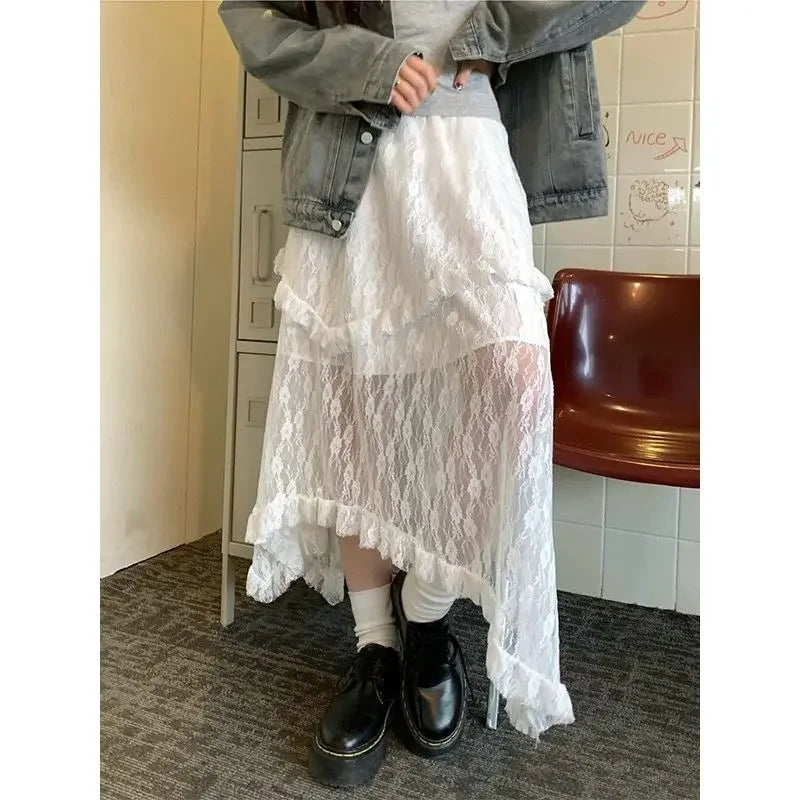 White Lace Asymmetrical Skirt Women Fairycore Sweet Vintage Mid Irregular Skirt Korean Style Aesthetic Ruffle Skirts-Dollar Bargains Online Shopping Australia