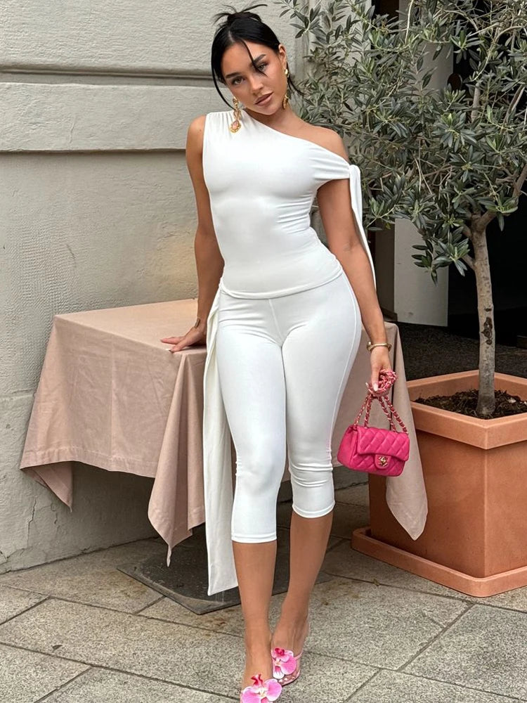 White Shorts 2 Piece-Set Female Off-Shoulder Slim Pleated Fashion Cropped Top And High Waist Shorts Sets Women's Outfits-Dollar Bargains Online Shopping Australia