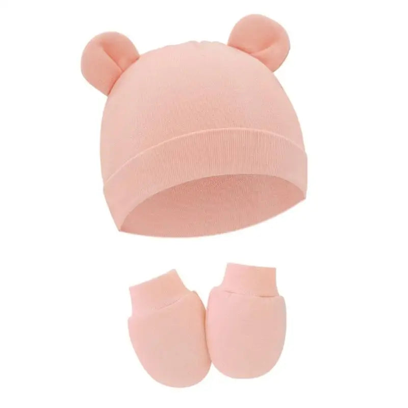 Newborn Cotton Hospital Hat Mittens Baby Beanie Solid Infant Baby Hats with Ear & No Scratch Mitten Soft Gloves Gift-Dollar Bargains Online Shopping Australia