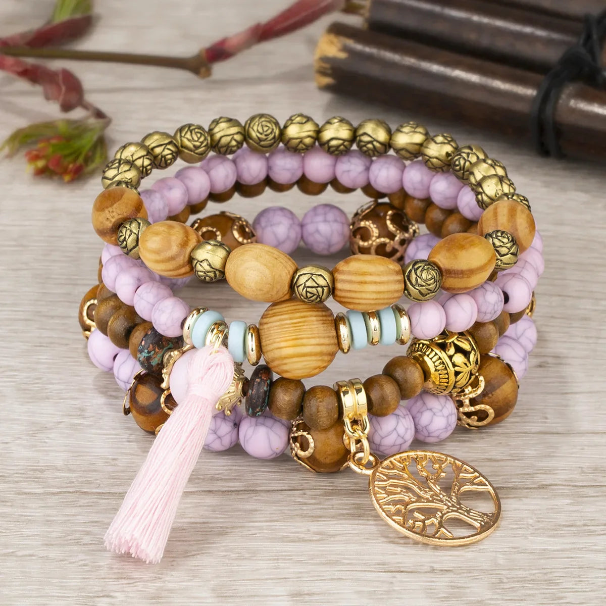 4Pcs/Set Boho Wooden Beaded Bracelet Set For Women Tree Of Life White Tassels Charm Elastic Chain Bangle Lady Bohemia Jewelry-Dollar Bargains Online Shopping Australia