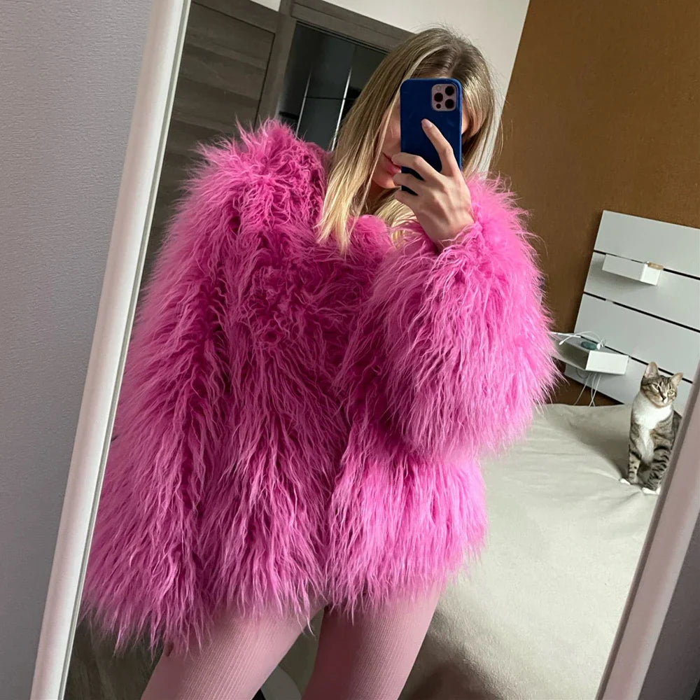 Fur Coats Women Autumn Winter Top Fashion Pink Faux Fur Coat Elegant Thick Warm Faux Fur Jackets-Dollar Bargains Online Shopping Australia