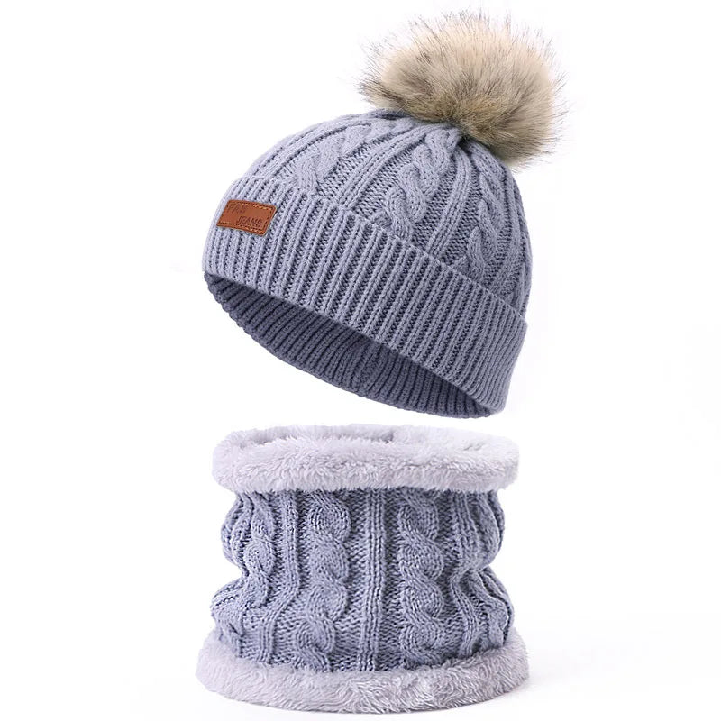 Warm Winter Baby Hats with Scarves for Kids Wool Pompom Baby Hat Children Bonnet Cap Boys Girls Knitted Scarf Gloves Beanie Caps-Dollar Bargains Online Shopping Australia