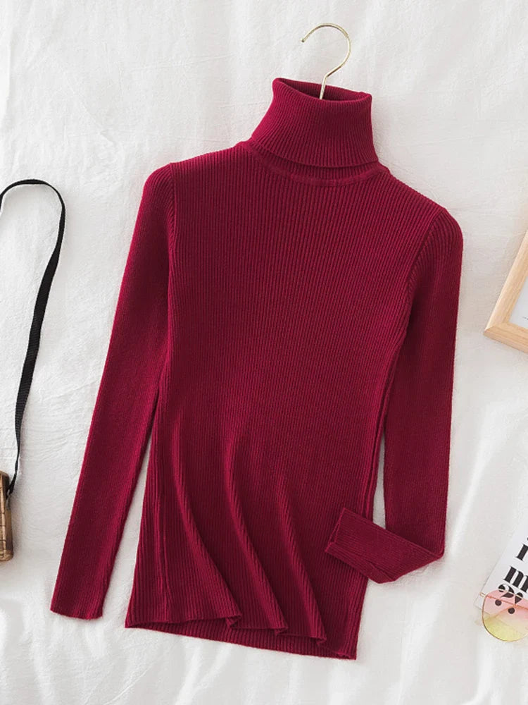 Korean Fashion Turtleneck Women Autumn Winter Pullover Sweater Basic Solid Casual Slim Stretch Ribbed Knitted Top Woman Sweaters-Dollar Bargains Online Shopping Australia