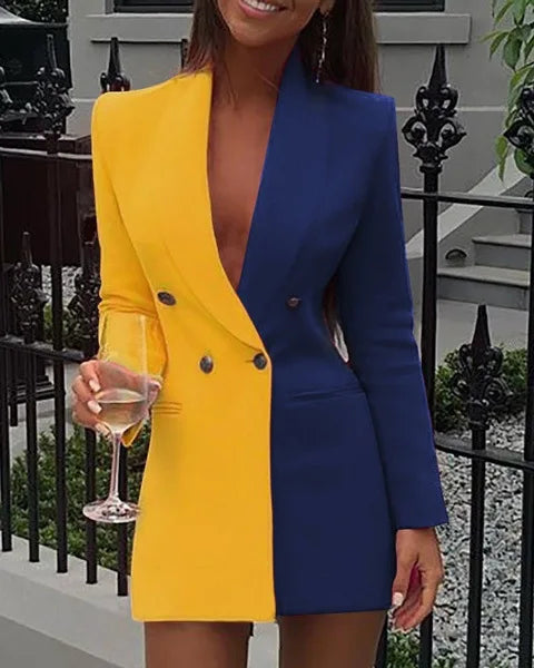 Women Blazer Elegant Office Lady Suit Thin Spring V-neck Female Long Sleeve New Patchwork Slim OL Double Breasted Dress Coat-Dollar Bargains Online Shopping Australia