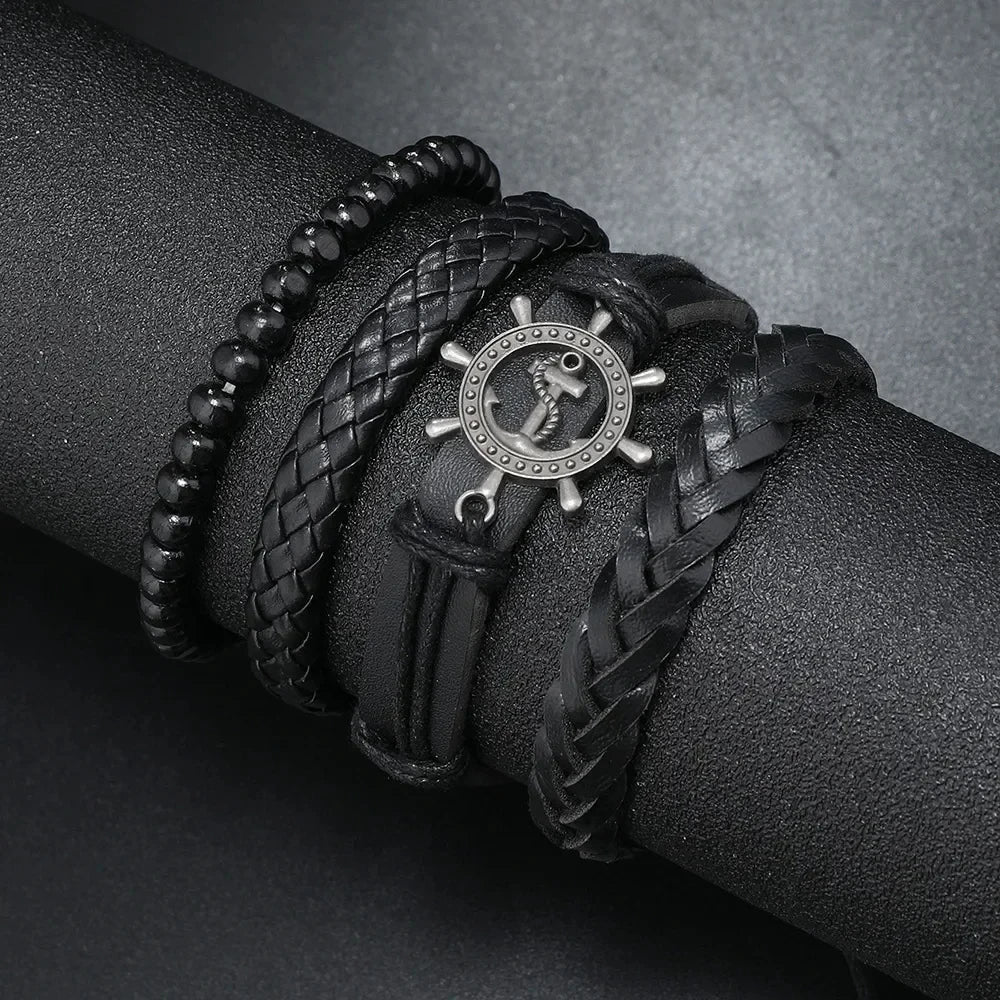 Trendy Compass Man Leather Bracelets set Black Hand Woven Bracelet for Men 4pcs/set DIY Male Jewelry Gift New Pulsera Hombre-Dollar Bargains Online Shopping Australia