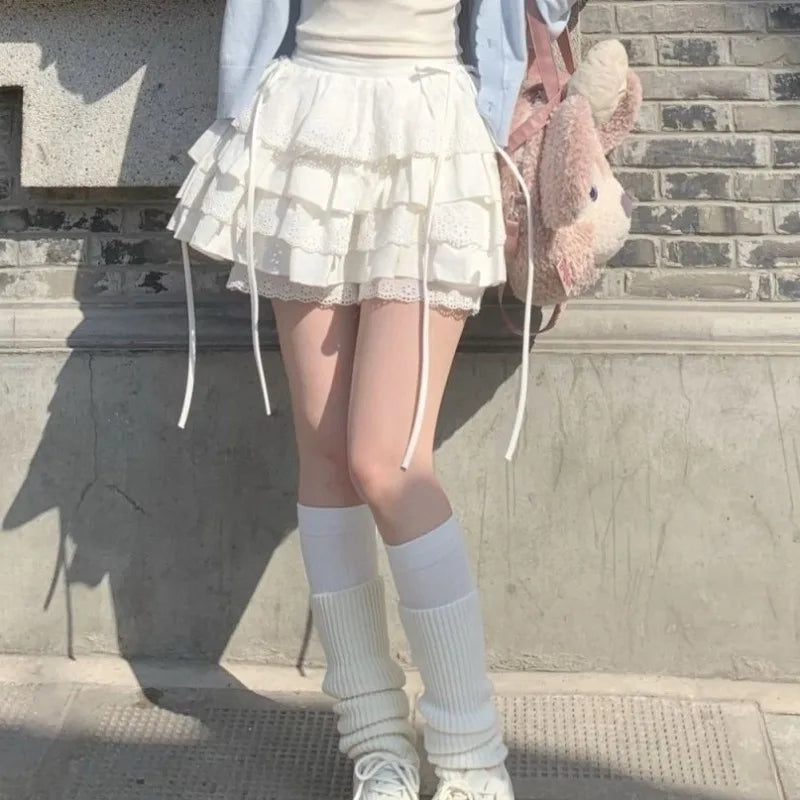 White Mini Skirts Women Lace Patchwork Sweet A-line High Street Bow Korean Fashion Y2k Skirt Harajuku All-match Streetwear Ins