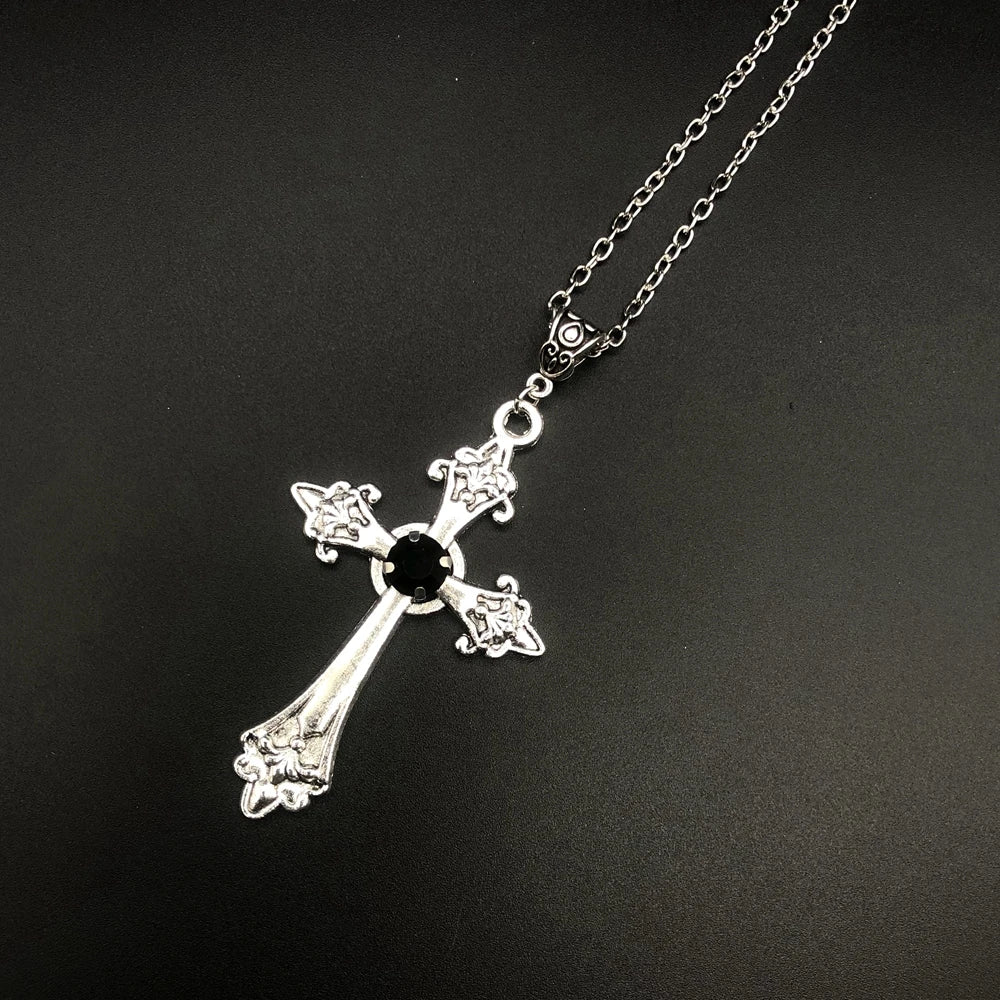Large Detailed Cross Drill Pendant Jewel Necklace Silver Color Tone Gothic Punk Jewellery Fashion Charm Statement Women-Dollar Bargains Online Shopping Australia