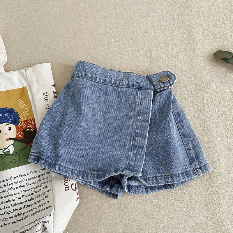 Summer Kids Girl Skirt Shorts Solid Elastic Waist Button Soft Denim Culotte Children Versatile Clothing-Dollar Bargains Online Shopping Australia