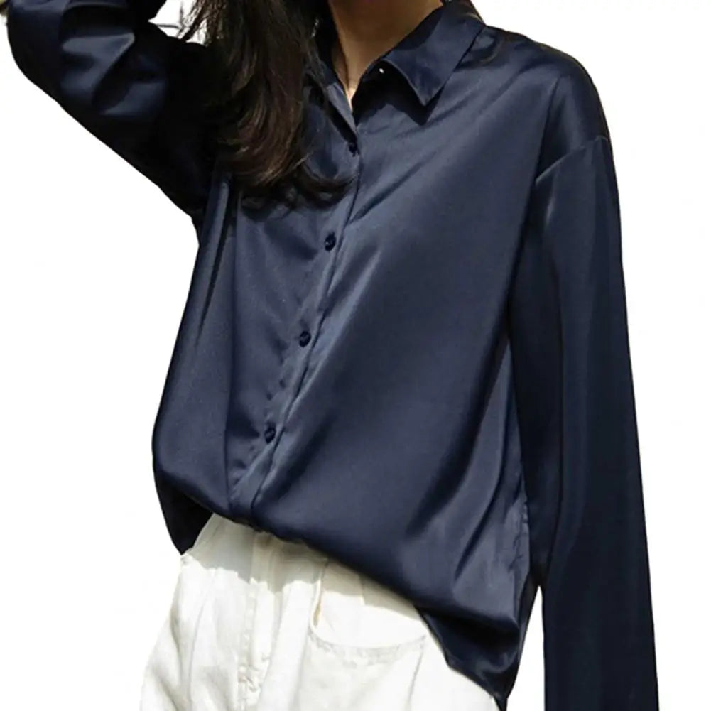 Women Shirt Formal Business Blouse Shirt Vintage Satin Silky Loose Long Sleeve Lapel-Dollar Bargains Online Shopping Australia