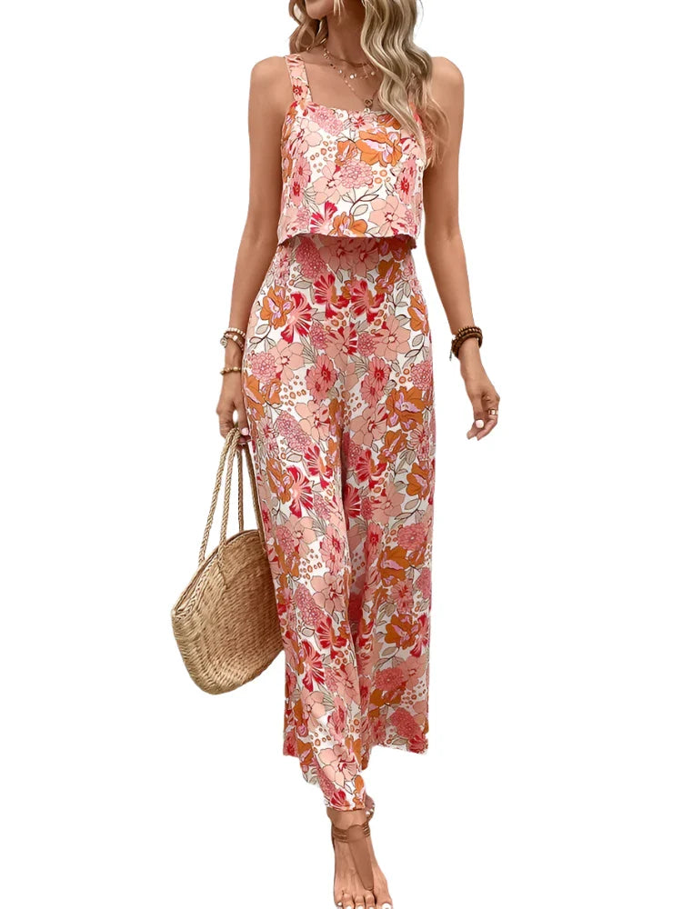 Elegant Long Jumpsuit Women Sexy Backless Wide Leg Jumpsuits Casual Sleeveless Floral Rompers-Dollar Bargains Online Shopping Australia