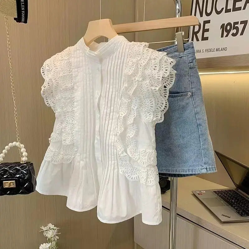 Women Solid Color Sleeveless Lace Hollowed Out Blouses Fashion Commute Round Neck Button Shirts Vest Tops-Dollar Bargains Online Shopping Australia