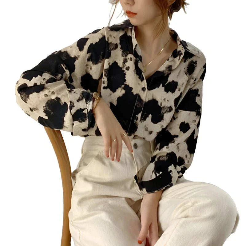 Leopard Print Sweet Women's Blouse Long Sleeve Loose Top Summer Fashion Casual Shirt