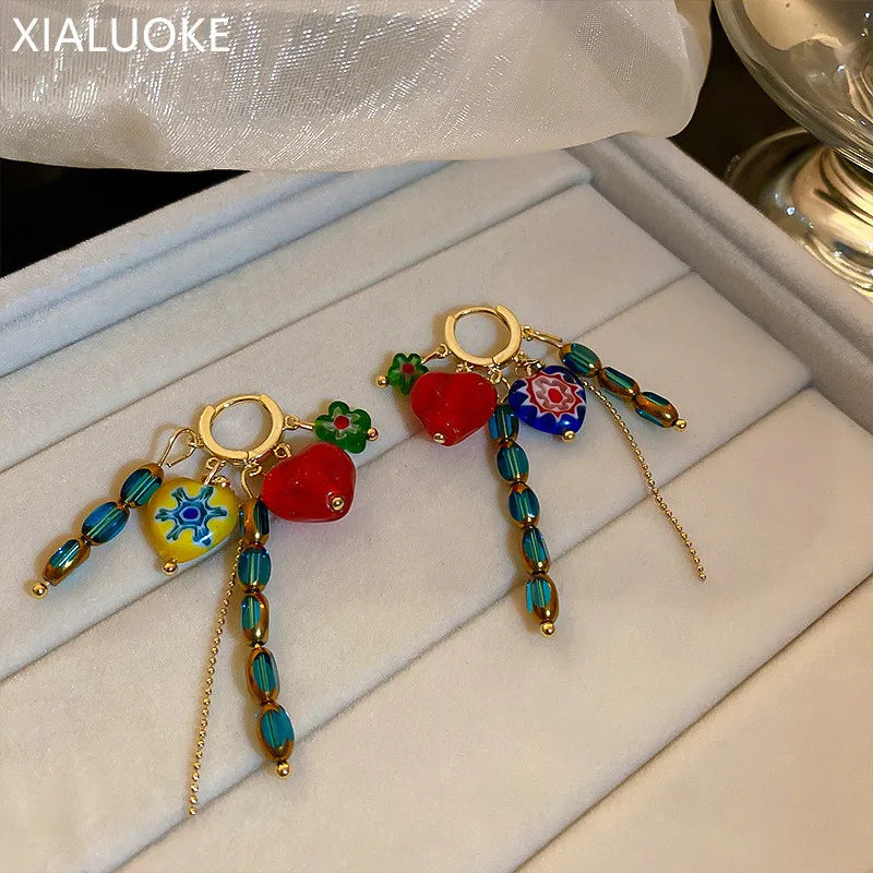 Geometric Full Colour Beads Heart-shaped Earclip Earrings For Women Bohemia Personality Earring Party Jewelry-Dollar Bargains Online Shopping Australia