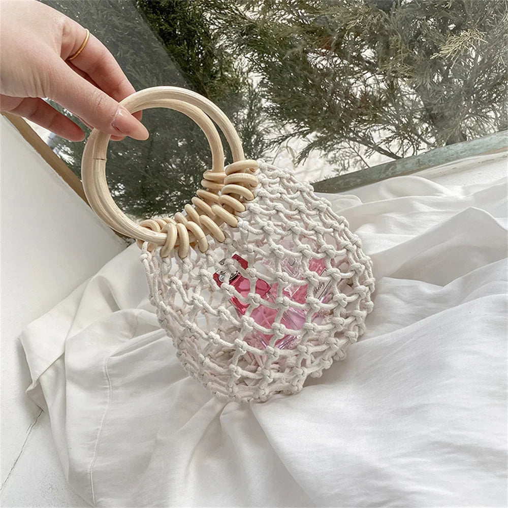 Summer Straw Woven Beach Bag Hollow Fishnet Handbag Women Shoulder Bags Rattan Ladies Purses Fashion Wrist Pack Bucket Tote-Dollar Bargains Online Shopping Australia