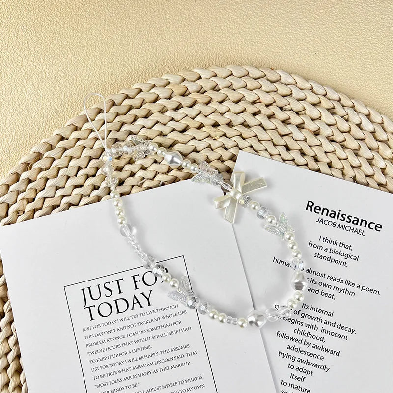 Creative Crystal Bowknot Pearl Beaded Mobile Phone Straps for Women Phone Case Key Chain Bag Pendant Decoration Accessories-Dollar Bargains Online Shopping Australia