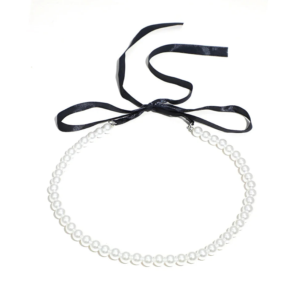 Punk Long Wide Black Velvet Ribbon Choker Bow Tie Simulated Pearl Beads Charm Collar Necklace Gothic Jewelry New Year Gifts-Dollar Bargains Online Shopping Australia