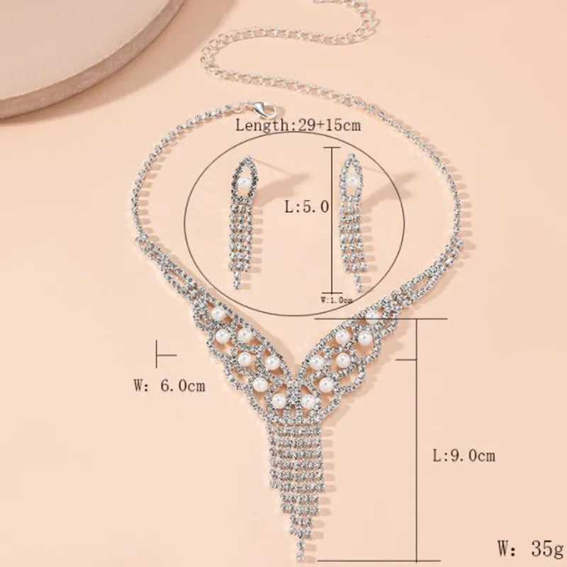 Geometric Rhinestone Necklace Earrings For Women Long Tassel Jewelry Sets Ladies Weddings Banquet Accessory-Dollar Bargains Online Shopping Australia