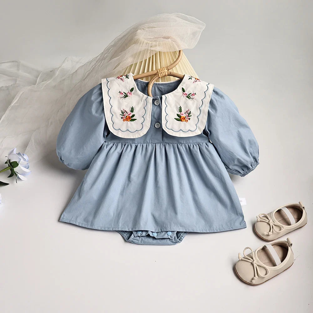 Solid Pleated Baby Bodysuit Toddler Girls Princess Clothes embroidery Big Collar Infant Clothing-Dollar Bargains Online Shopping Australia