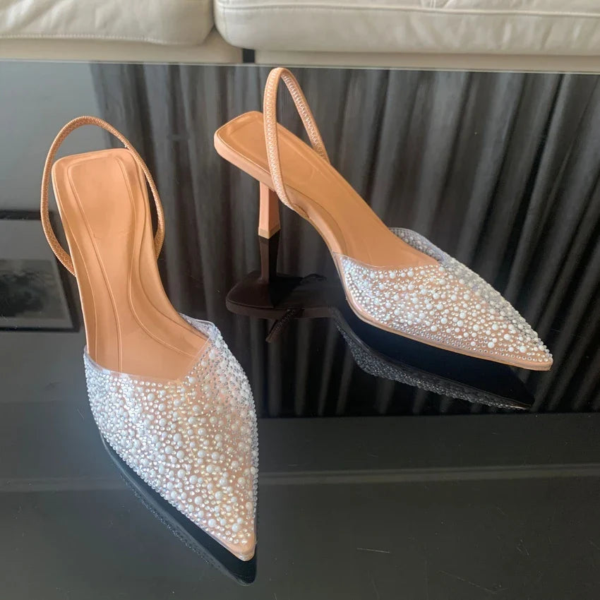 Slingback Artificial Pearl Decorated Women Pumps Wedding Shoes Sexy High heels Sandals Elegant Summer Party Bridal Shoes Woman-Dollar Bargains Online Shopping Australia