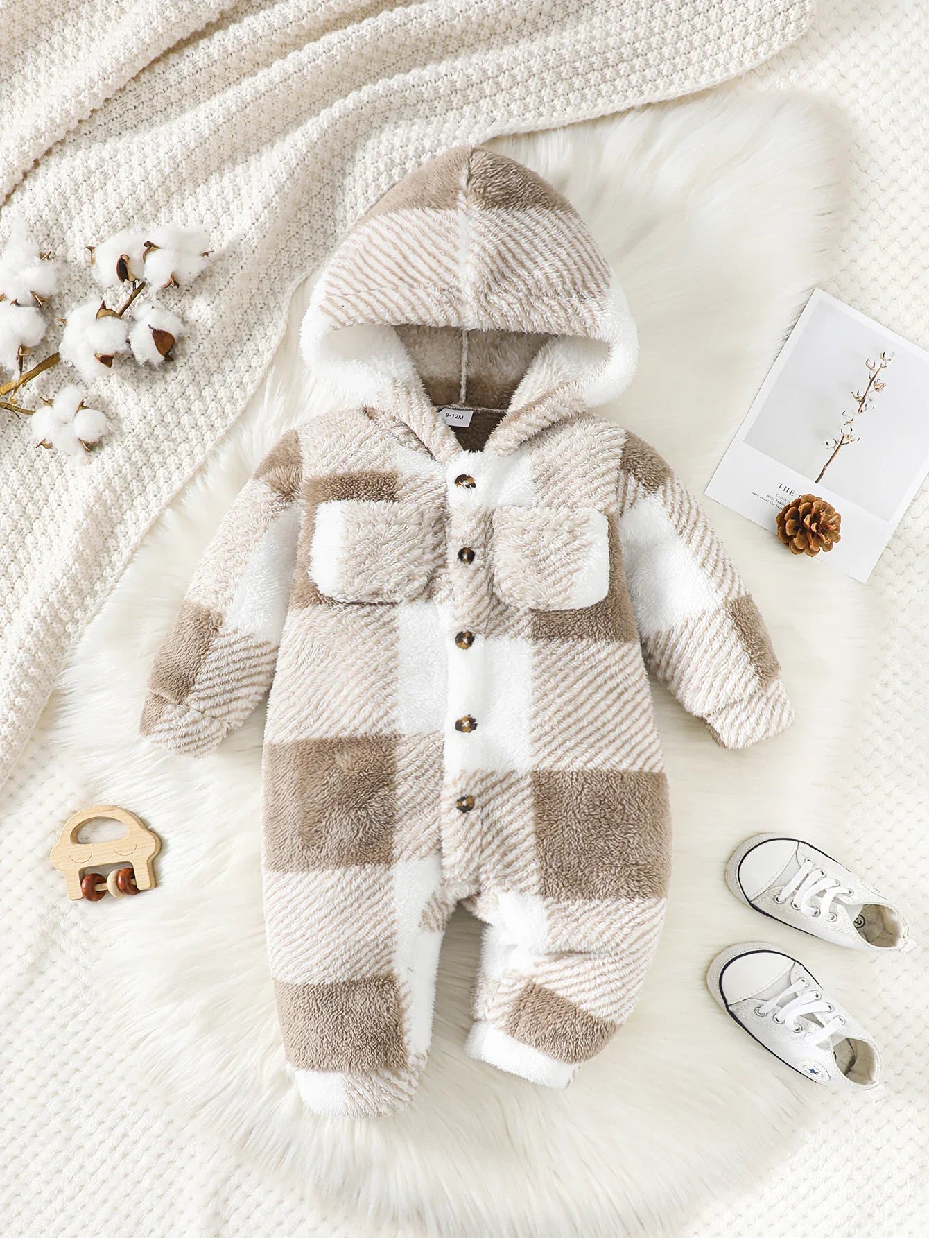 Baby Boys and Girls Plaid Romper Hooded Long Sleeved  Plush Jumpsuit Winter Warm Bodysuit Clothes