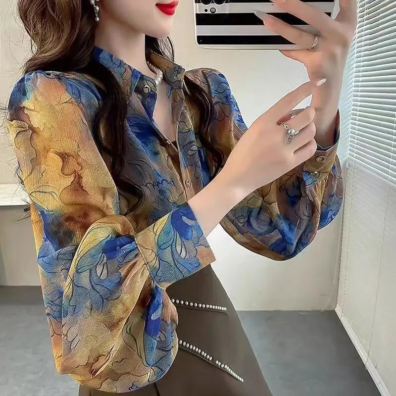 Women's Printed Button Polo-Neck Versatile Fashion Loose Appear Thin Commuter Lantern Sleeve Chiffon Shirt Top-Dollar Bargains Online Shopping Australia