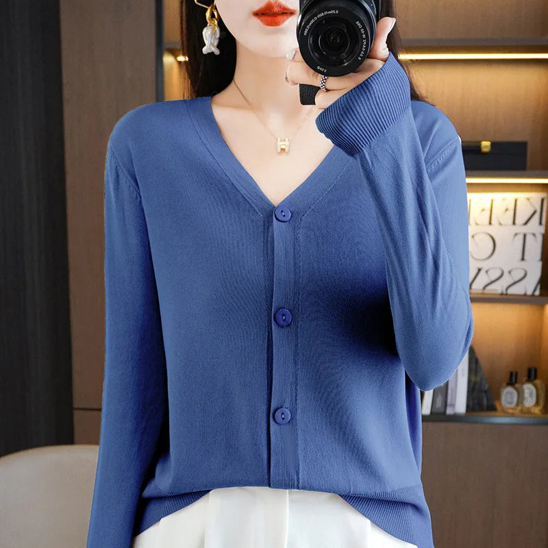 Thin Solid V-Neck Ice Silk Knitted Long Sleeve Cardigan Fashion V-Neck Top for Women-Dollar Bargains Online Shopping Australia