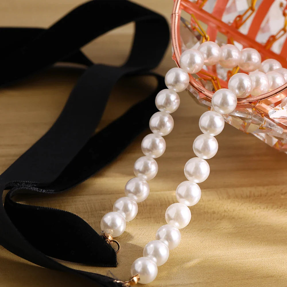 Punk Long Wide Black Velvet Ribbon Choker Bow Tie Simulated Pearl Beads Charm Collar Necklace Gothic Jewelry New Year Gifts-Dollar Bargains Online Shopping Australia