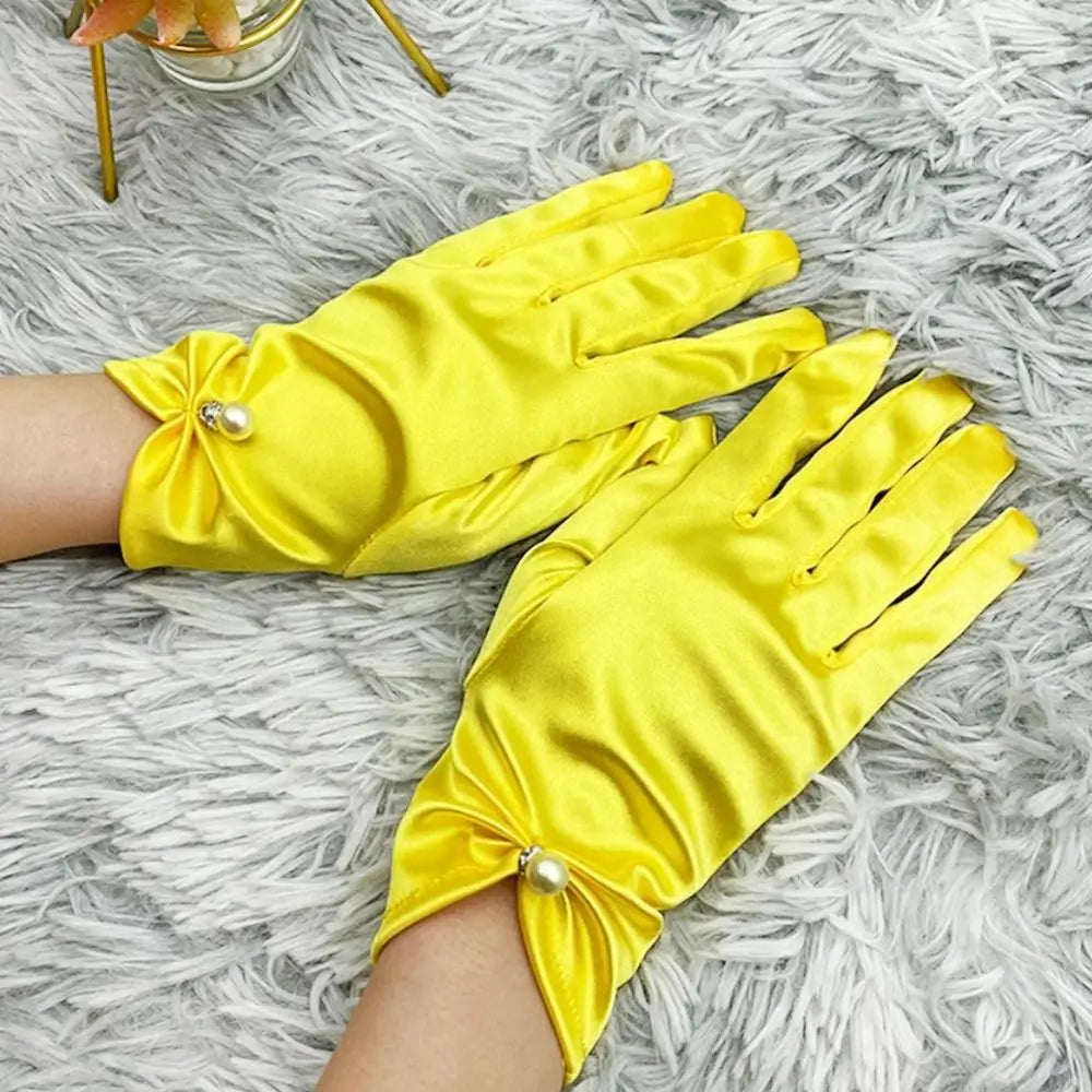 Women Wrist Length Gloves Sexy Elegant Pearl Bowknot Short Satin Stretch Gloves for Ladies Girls Hand Gloves Sunscreen