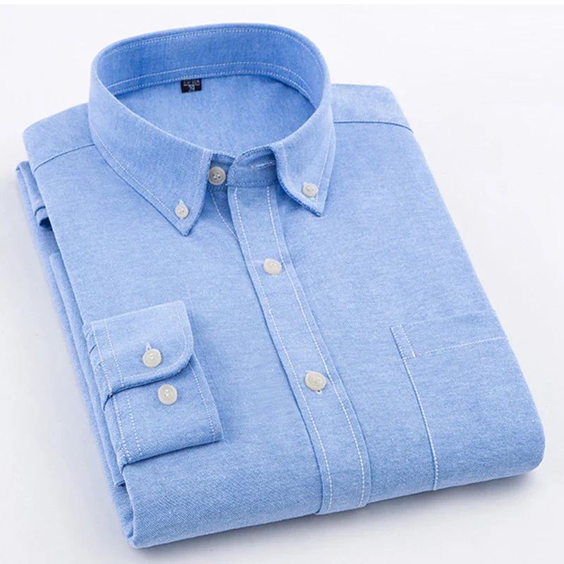 Men's Shirt Oxford Cotton Fabric Shirt Long Sleeve Solid Color Polo Neck Shirt Business Casual Fit Top