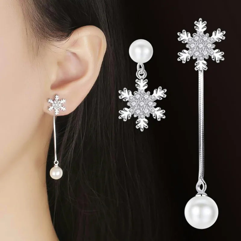 Elegant Asymmetric Pearl Dangle Earrings Luxury Crystal Snowflake Drop Earrings for Women Fashion Party Jewelry Christmas Gift