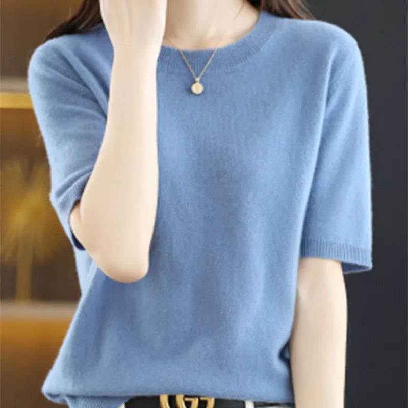 Spring and Summer New Short-sleeved Women O-neck Slim Wool Cotton Blend Pullover Vest T-shirt Knitted Base Sweater-Dollar Bargains Online Shopping Australia