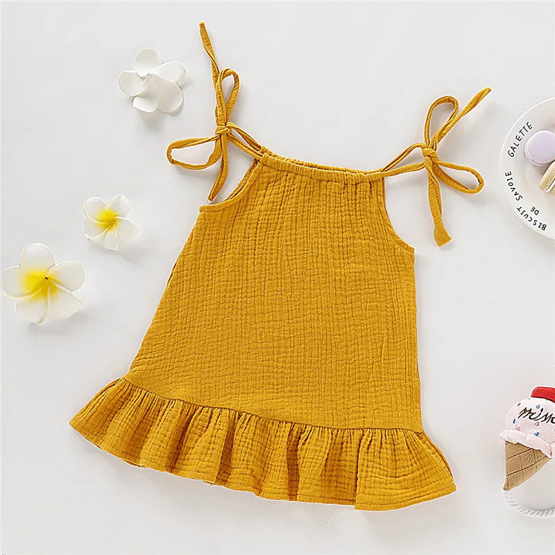 Kid Girl Summer Breathable Cotton Slip Dress Adjustable  Solid Color Halter Dress Toddler Girl Holiday Beachwea