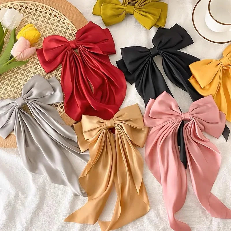 Large Satin Bow Hair Clip Women Girl Black Pink Spring Clip Hair Pin Retro Headband with Clips Hair Accessories