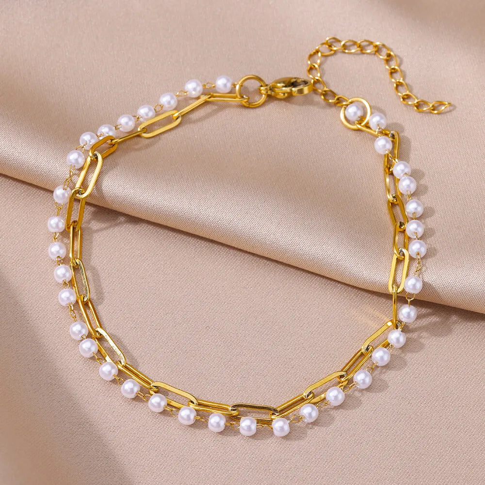 Anklets for Women Summer Beach Accessories Stainless Steel Imitation Pearl Chain Anklet Gold Color Leg Bracelets Bodychain Gifts-Dollar Bargains Online Shopping Australia