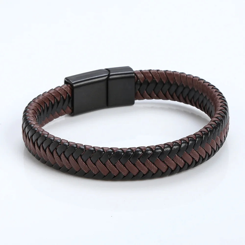 Punk Men Leather Braided Bracelet Hand-Woven Classic Stainless Steel Magnetic Clasp Leather Bangle-Dollar Bargains Online Shopping Australia