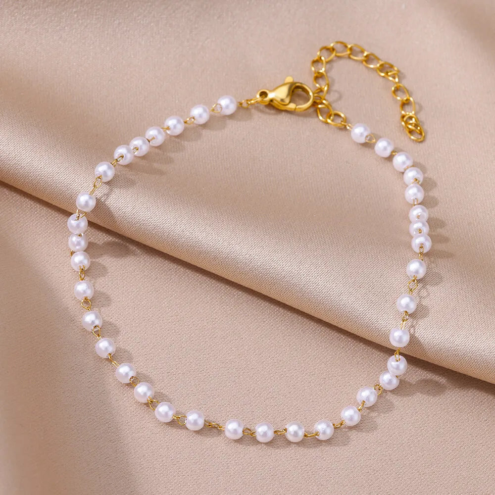 Anklets for Women Summer Beach Accessories Stainless Steel Imitation Pearl Chain Anklet Gold Color Leg Bracelets Bodychain Gifts-Dollar Bargains Online Shopping Australia