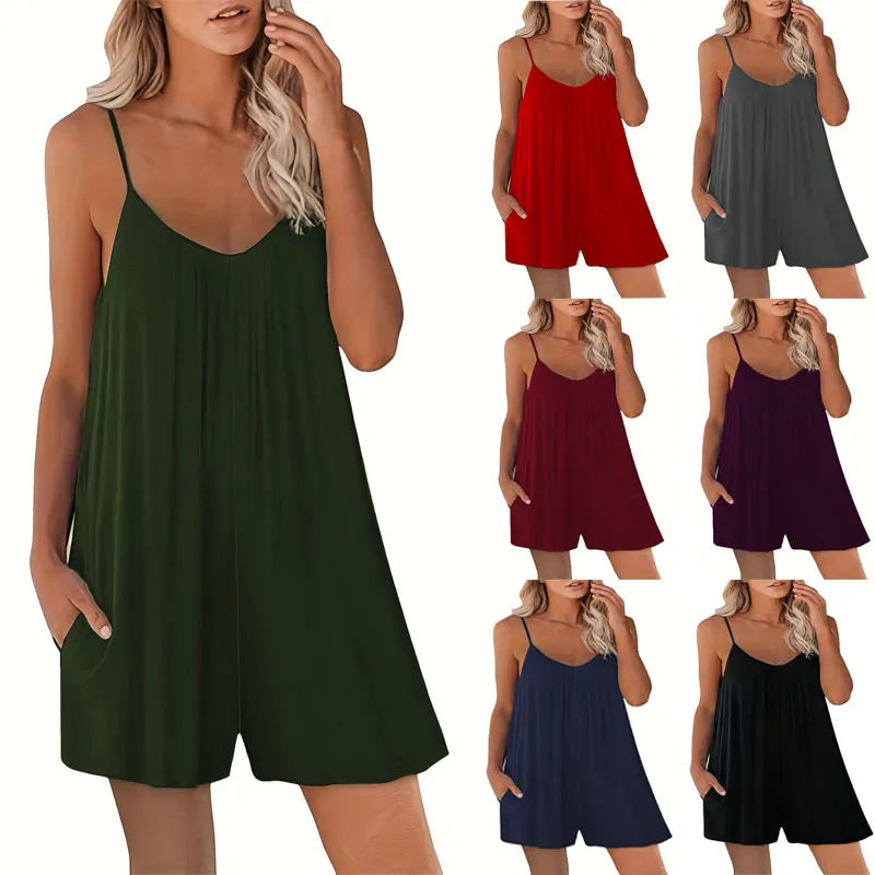 Women's Casual Strap Shorts Solid Round Neck Loose Pocket Jumpsuit-Dollar Bargains Online Shopping Australia