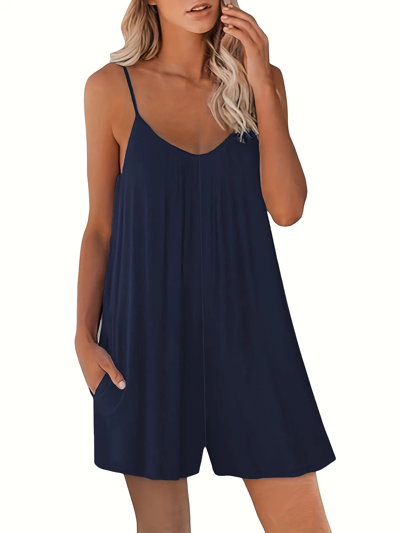 Women's Casual Strap Shorts Solid Round Neck Loose Pocket Jumpsuit-Dollar Bargains Online Shopping Australia