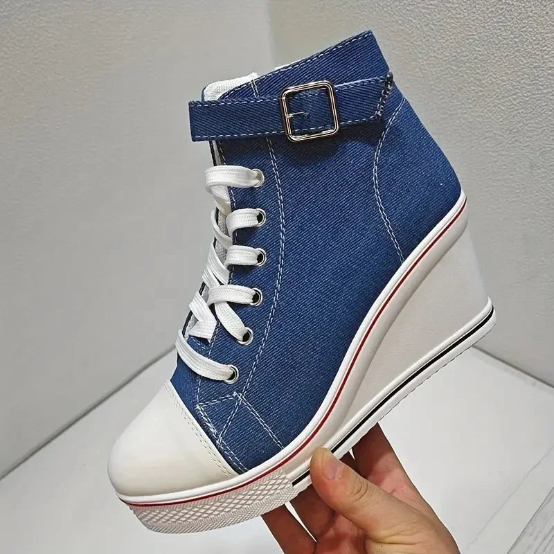 High Top Canvas Women Wedge Shoes Women's Denim Ankle Lace Up Ladies Ankle Canvas Shoes Woman 8cm Heels Sneakers-Dollar Bargains Online Shopping Australia