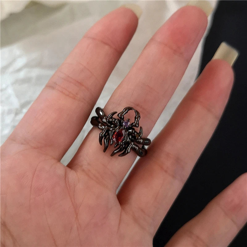 Irregular Red Crystal Glass Heart Aesthetic Rings For Women Y2K Gothic Animal Spider Ring Creative Grunge Jewelry Accessories