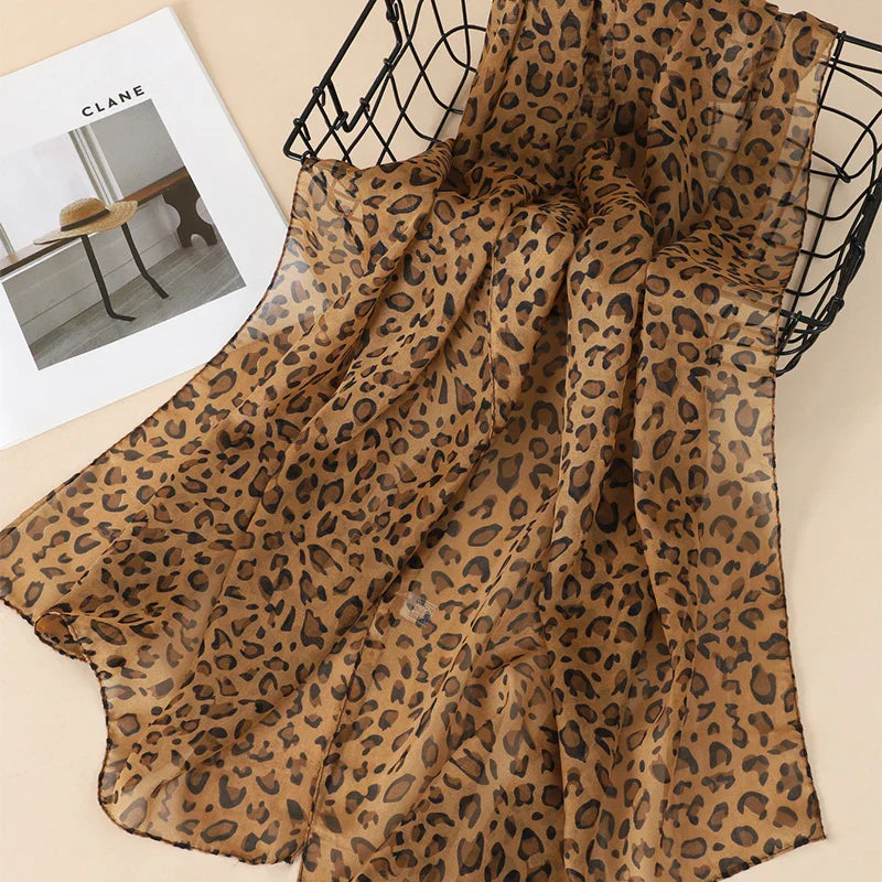 Leopard Printing Chiffon Georgette Silk Scarf Women Lotus Leaf Long Shawl Summer Elegant Bandana