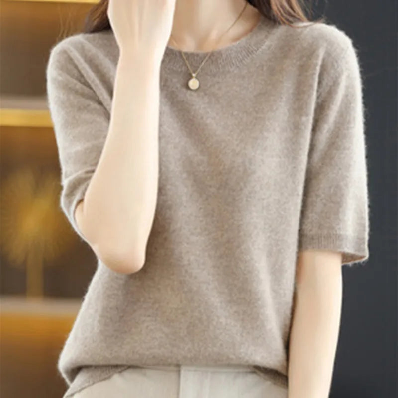 Spring and Summer New Short-sleeved Women O-neck Slim Wool Cotton Blend Pullover Vest T-shirt Knitted Base Sweater-Dollar Bargains Online Shopping Australia