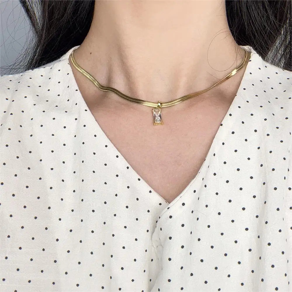 Squares Crystal Pendant Necklace for Women Dazzling CZ Gold Color Stainless Steel Choker Snake Chain on Neck Jewelry-Dollar Bargains Online Shopping Australia