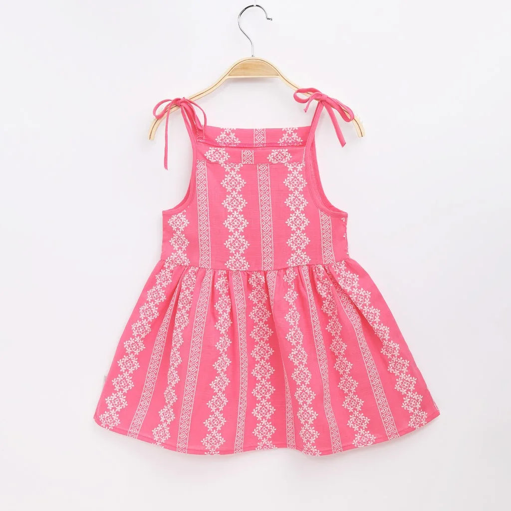 Girls Strappy Dress Kids Pink Sleeveless Printed Dress Baby Cotton And Linen Casual Princess Dress-Dollar Bargains Online Shopping Australia