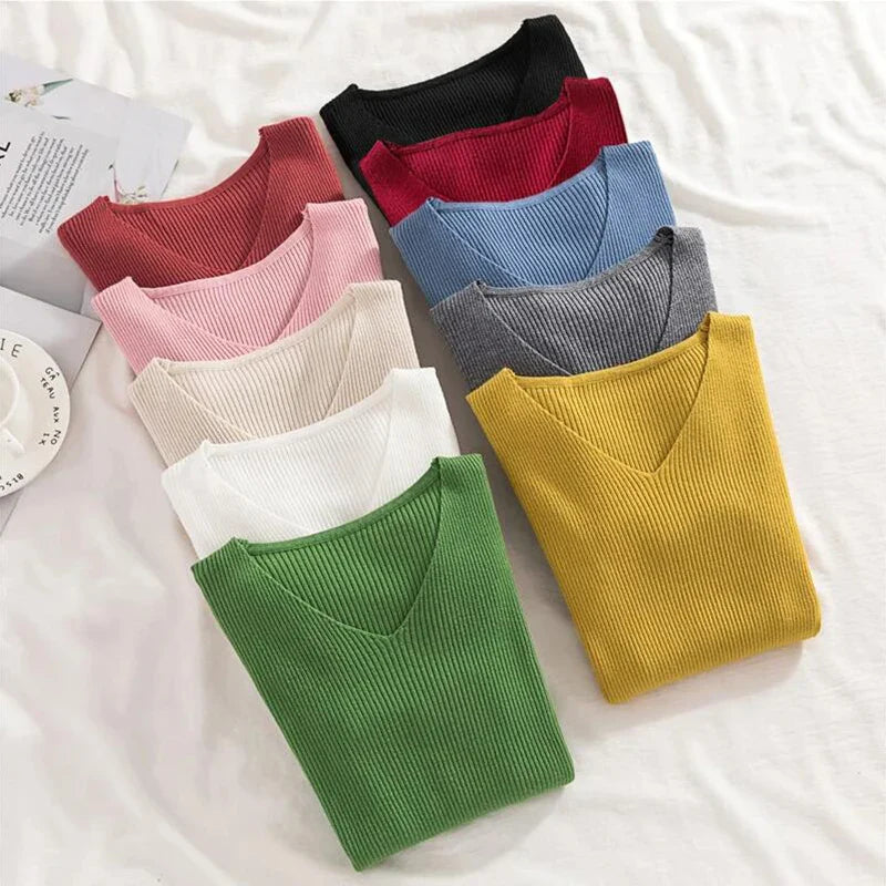 Women Sweater Long Sleeve Pullover Basic Top Fashion V-neck Elastic Female Winter Solid Knitted Jumper-Dollar Bargains Online Shopping Australia