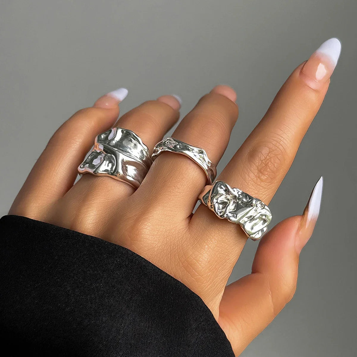 3Pcs Vintage Irregular Pleated Open Ring for Women Men Vintage Punk Liquid Metal Style Finger Y2K Accessories Fashion Jewelry-Dollar Bargains Online Shopping Australia