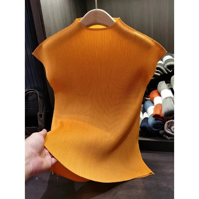 Versatile Classic Simple Solid Color Stand Up Collar Pleated Top Women Slim Slim Short Sleeve Miyake T-shirt Summer-Dollar Bargains Online Shopping Australia