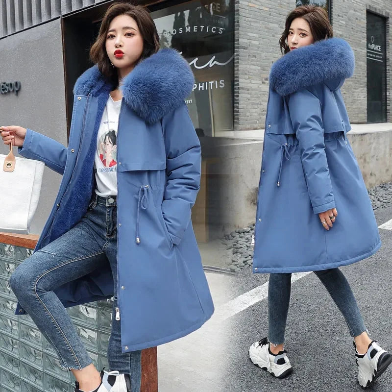 Women Parka Clothes Long Coat Wool Liner Hooded Jacket Fur Collar Thick Warm Snow Wear Fashion Parka