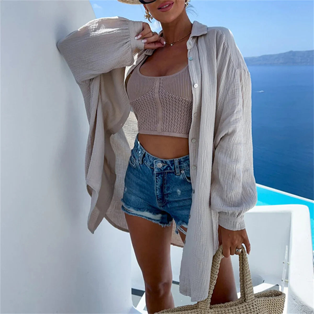 Women Casual Sequin Eye Shirt Dress Summer Fashion Beach Style Loose Button Sun Protection Cotton Linen Shirt Geometric Eye Tops-Dollar Bargains Online Shopping Australia