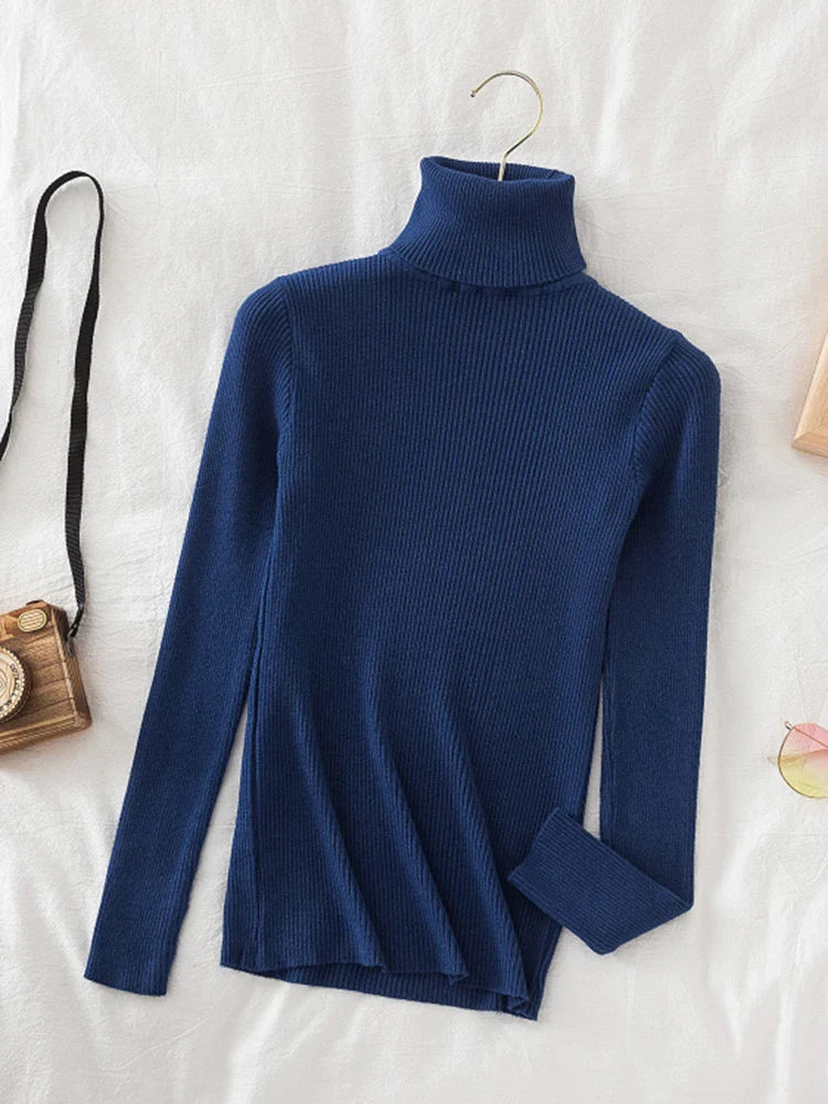 Korean Fashion Turtleneck Women Autumn Winter Pullover Sweater Basic Solid Casual Slim Stretch Ribbed Knitted Top Woman Sweaters-Dollar Bargains Online Shopping Australia